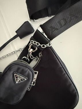 Prada Black Nylon Shoulder Bag with Chain and Mini Pouch